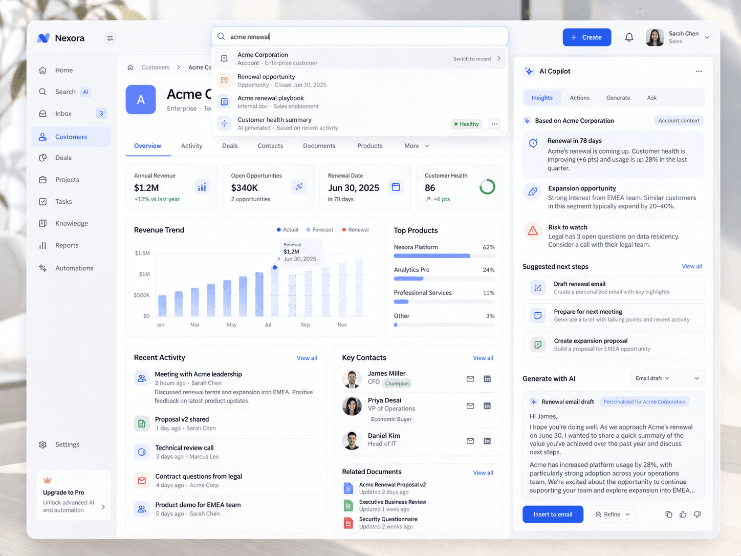 Add AI to an existing product.. The system reads product context, identifies missing information and proposes the next action.